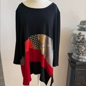 Vintage Gumps of San Francisco pullover black with Asian kimono print fabric. L